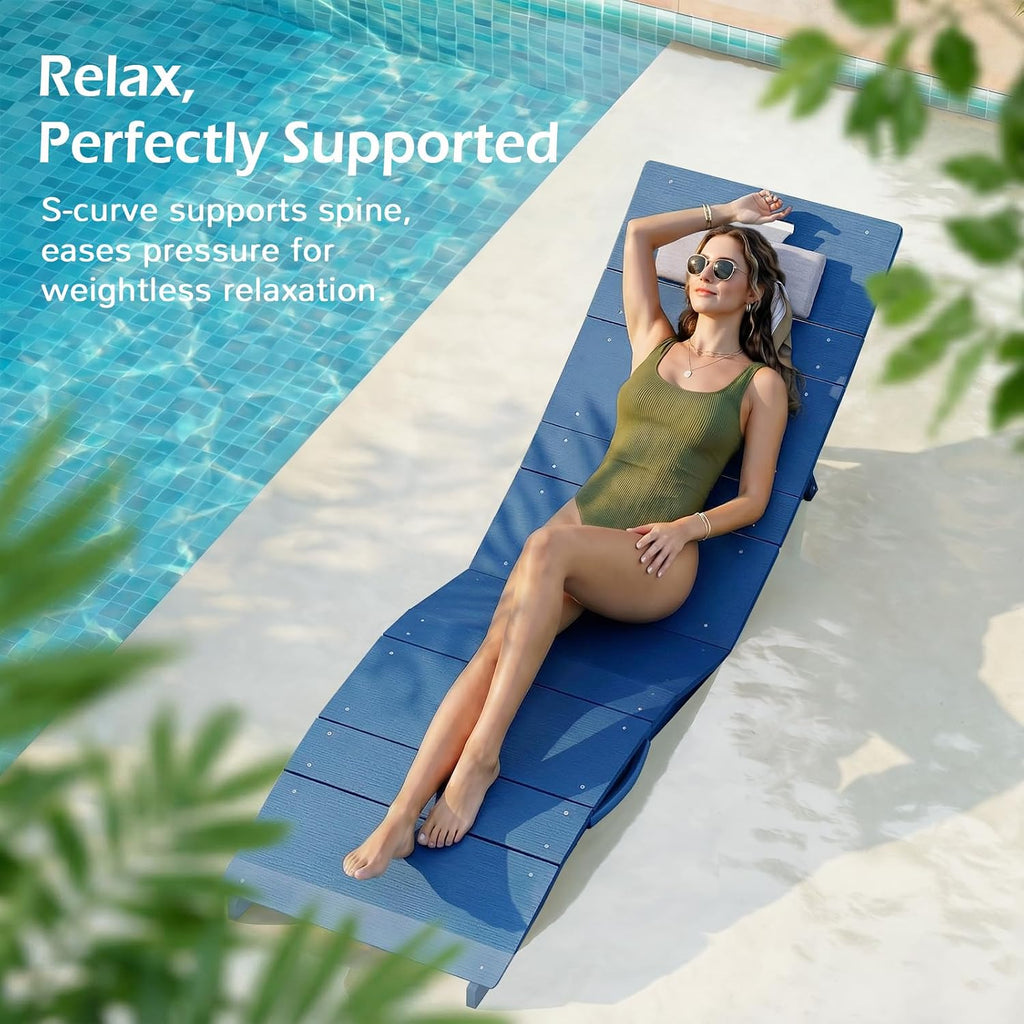 Stoog Folding Pool Lounge Chair, HIPS Outdoor Anti-Floating Recliner with Headrest, Pool Chairs for Hotel, Beach & Sun Decks, Blue