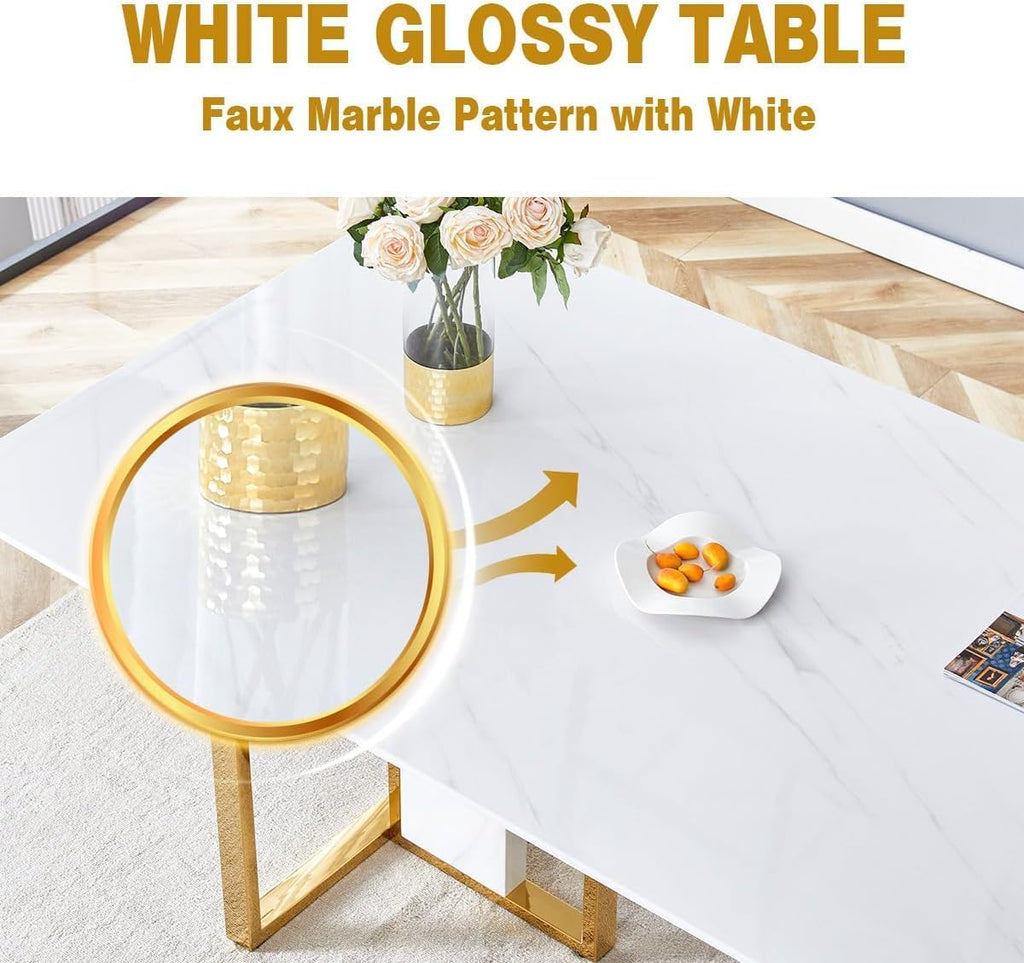63" Dining Table,White Gloss Kitchen Table,1.8" Thick MDF Board Table Top Coated by Faux Marble Pattern with Chrome Plate Gold Base,Modern Dining Table for 6-8 People