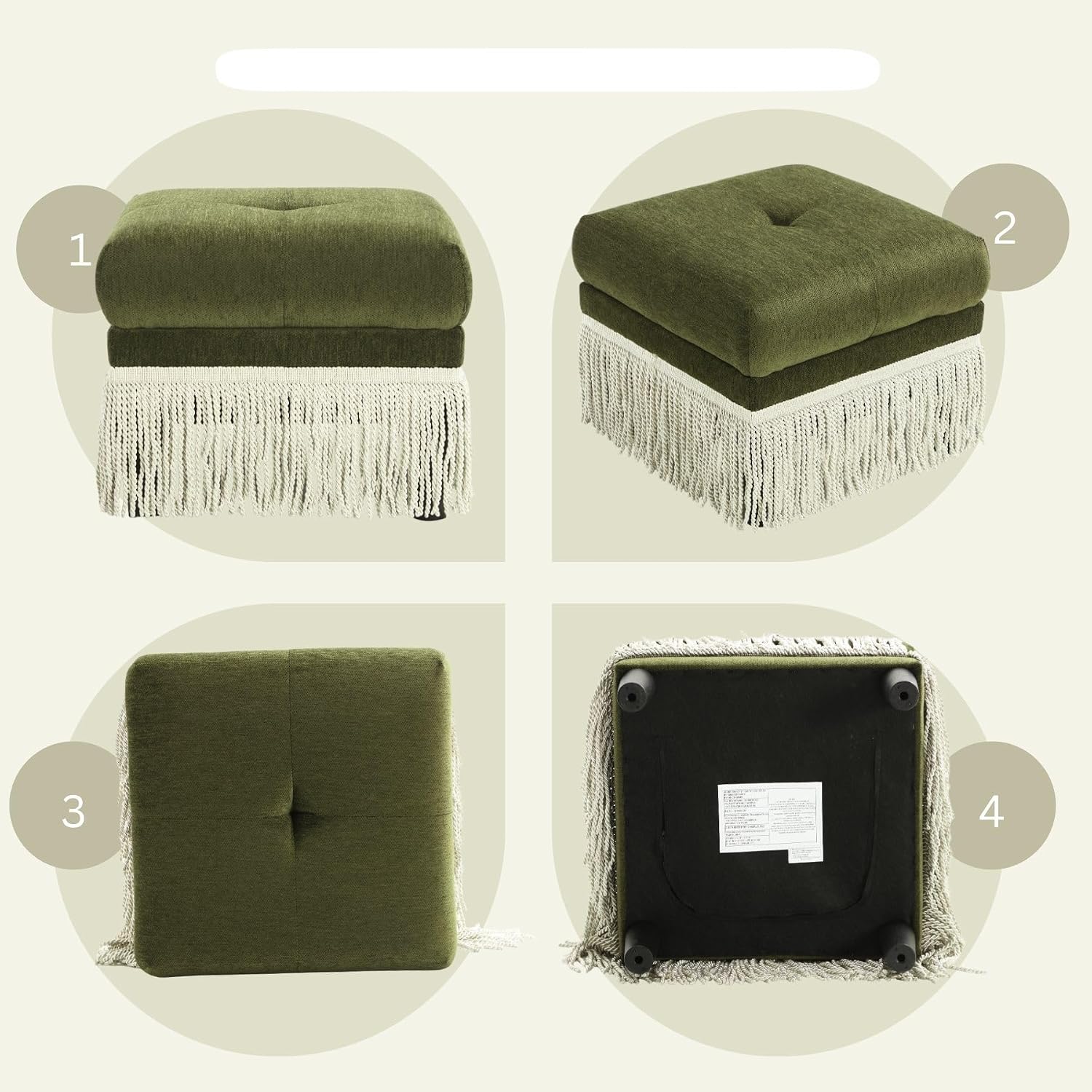 Hyfirm 22 Inch Square Green Ottoman with Fringe for Living Room, Plush Footstool Ottoman for for Bedroom, Modern Boho Upholstered Accent Pouf Ottomans Foot Rest