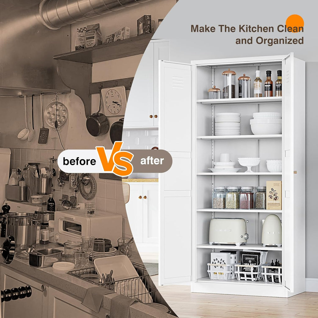 Yizosh Metal Storage Cabinet - 71" White Kitchen Pantry with 2 Doors and 5 Adjustable Shelves, 5-Tier Tall Steel Locker for Living Room, Dining Room