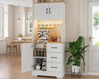LLappuil 67" Kitchen Pantry with LED Light & Outlet, Kitchen Hutch with 6 Hooks, Drawer, Adjustable Shelves White