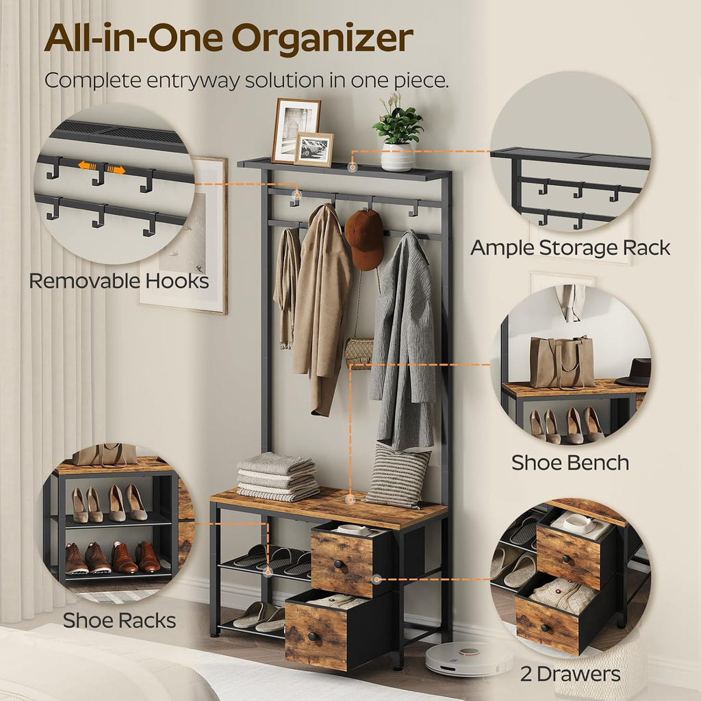YATINEY 5-in-1 Hall Tree with Drawers, Entryway Bench with 8 Adjustable Coat Rack and Shoe Storage, Industrial Coat Rack with Bench for Entryway and Front Door, Rustic Brown and Black MT06BR