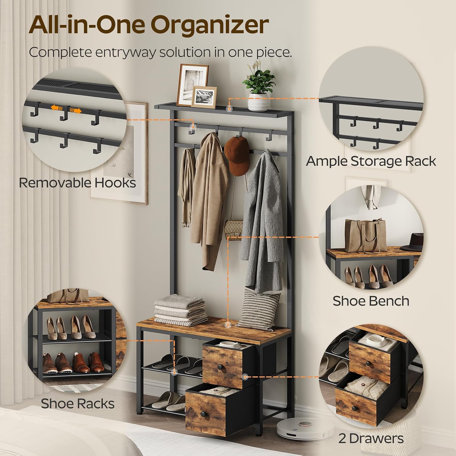 YATINEY 5-in-1 Hall Tree with Drawers, Entryway Bench with 8 Adjustable Coat Rack and Shoe Storage, Industrial Coat Rack with Bench for Entryway and Front Door, Rustic Brown and Black MT06BR