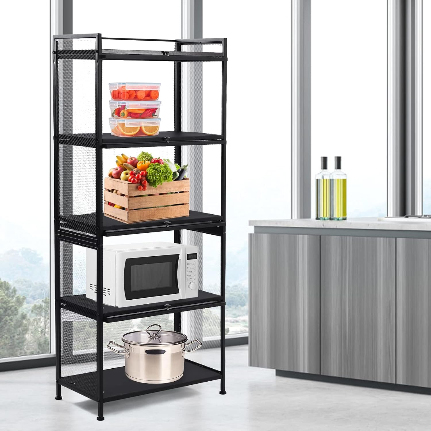 60x32x141.5cm Black Mesh Pantry Rack, 5-Tier Storage Cabinet with Flip-Up Doors, Rolling Wire Shelf Organizer for Kitchen Garage, Narrow Slim Cart on Wheels, Locking Casters, Adjustable Leveling Feet