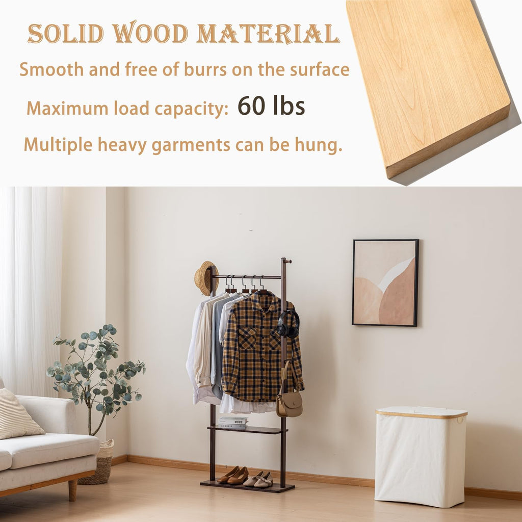 latifolia Clothes rack, Solid Wood Clothing Rack Witch Hooks and Shelves, 23.6 inch Garment rack With Storaege for Living Room, Walnut