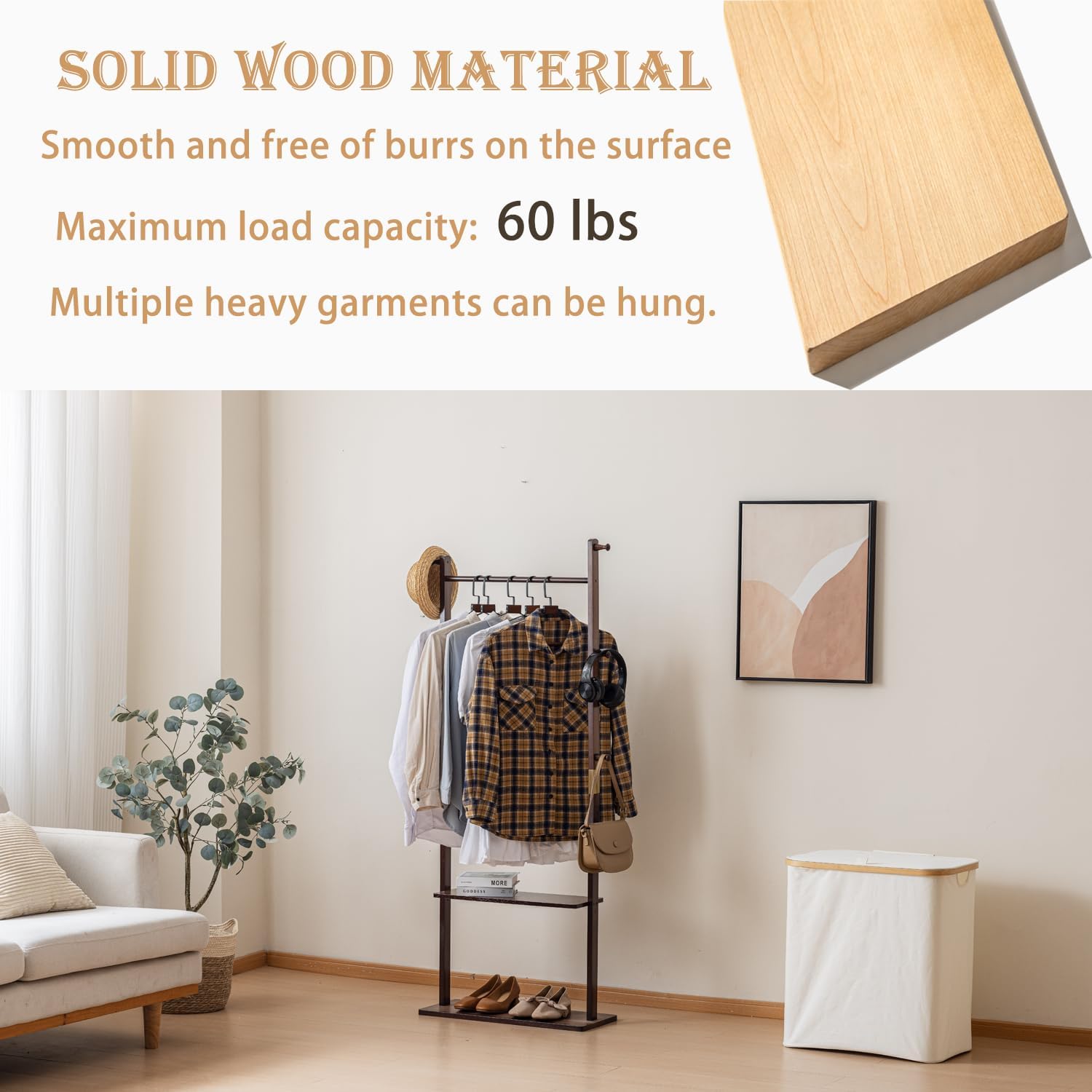 latifolia Clothes rack, Solid Wood Clothing Rack Witch Hooks and Shelves, 23.6 inch Garment rack With Storaege for Living Room, Walnut