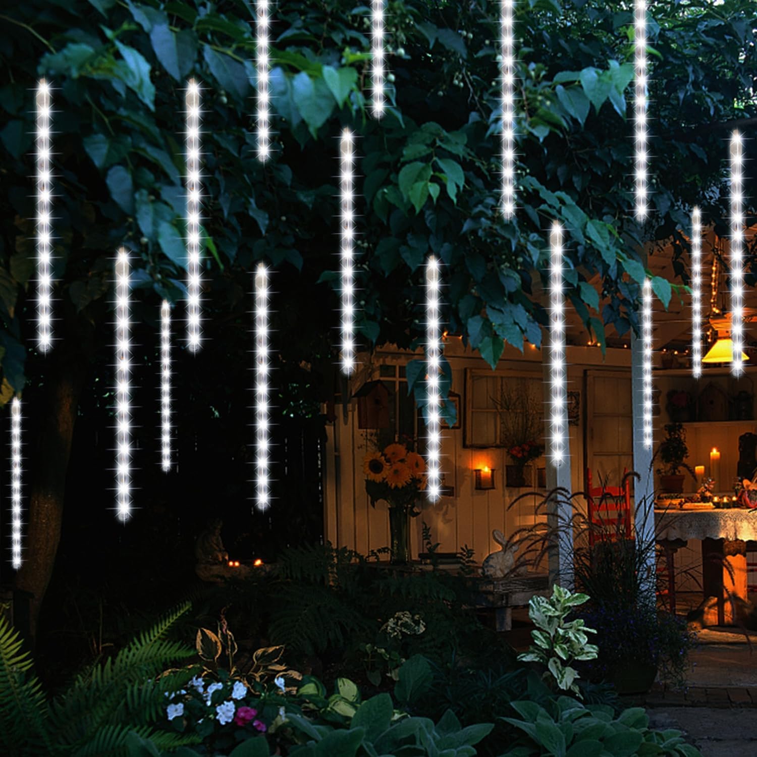 LJLNION 24 Tubes Meteor Shower Lights, Outdoor Icicles Christmas Decor, 12 Inch 864 LED Snow Falling Connectable Raindrop Lights, Xmas Wedding Party Tree Holiday Decoration, White