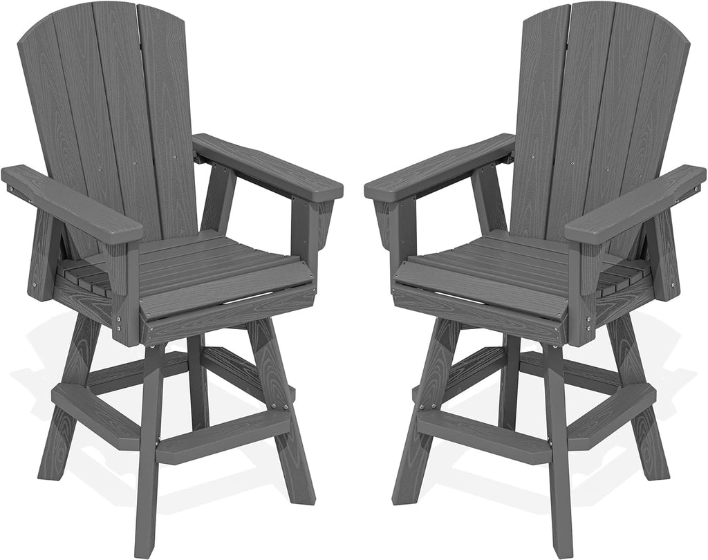 SERWALL Swivel Adirondack Barstools Set of 2, HDPE Outdoor Swivel Bar Chairs Set of 2 for Patio, Poolside, Garden, Grey