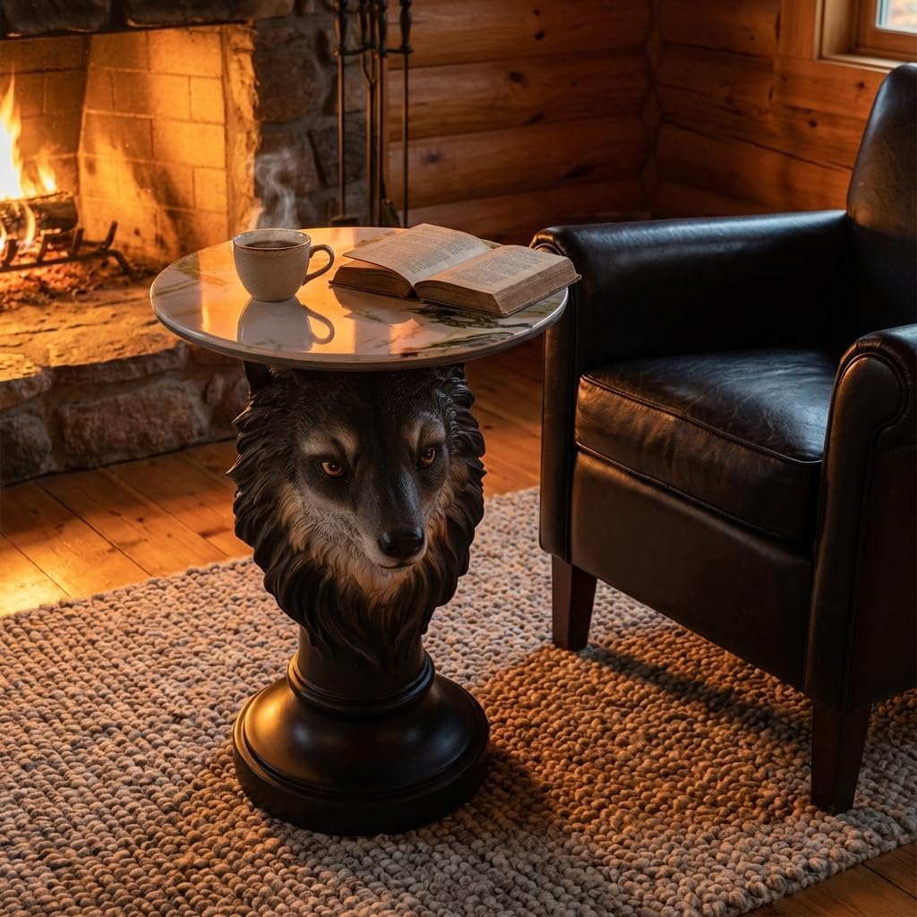 Modern Wolf Head Side Table, Artistic Animal Sculpture End Table with Faux Marble Top, Unique Fiberglass Accent Table for Living Room & Bedroom, Ideal Gift for Wolf Lovers (Realistic)