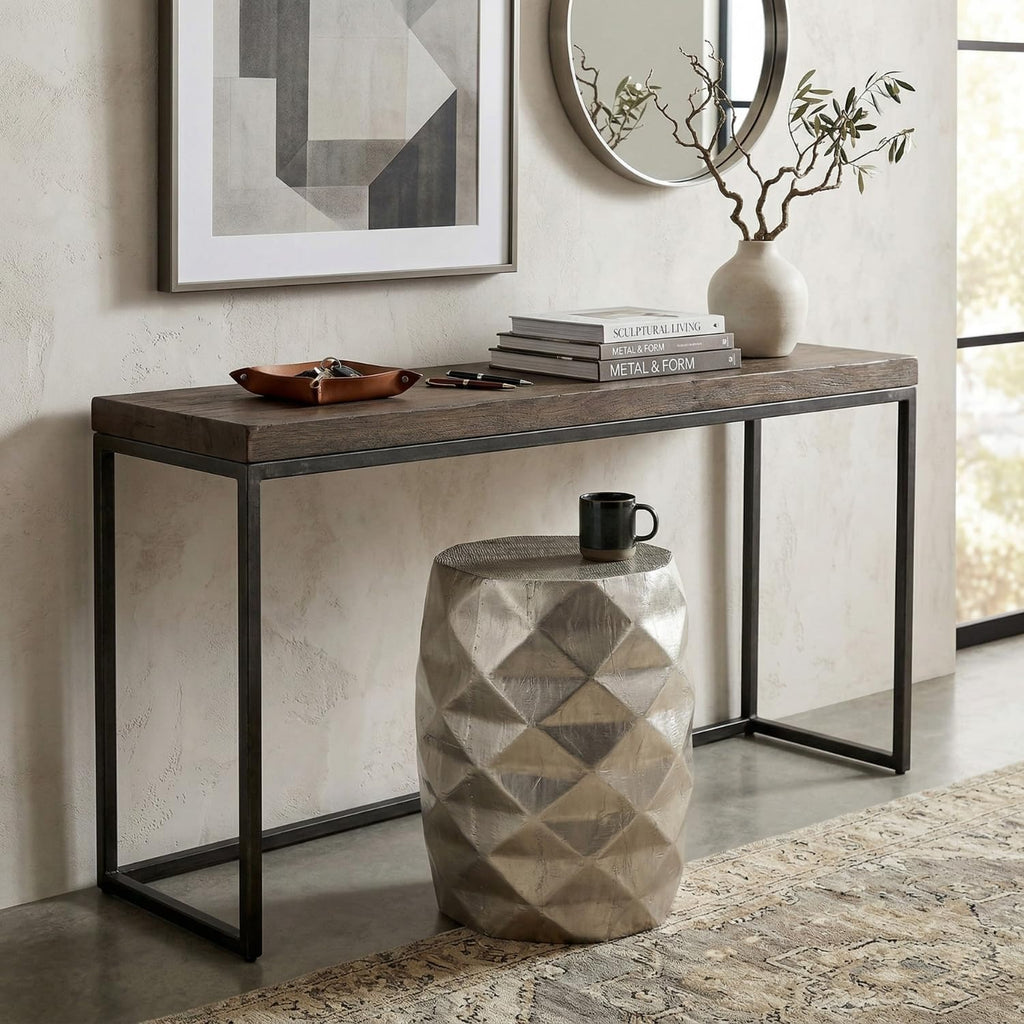 Hives & Honey Anna Side Table, Geometric Mango Wood Accent Table, Modern Rhombus Design, Antiqued Foil Finish, Multi-Use as End Table, Vanity Stool or Decorative Pedestal, Silver