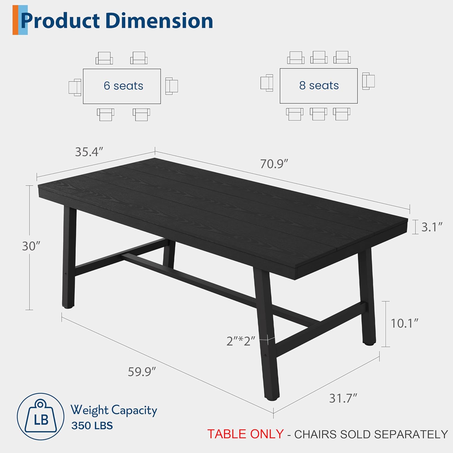 Garvee Industrial Dining Table for 6-8, 70.87" Heavy Duty Rectangular Kitchen Table with 2"×2" Metal Legs & Wood Top, Large Dining Table for Home Office, Dining Room, Black