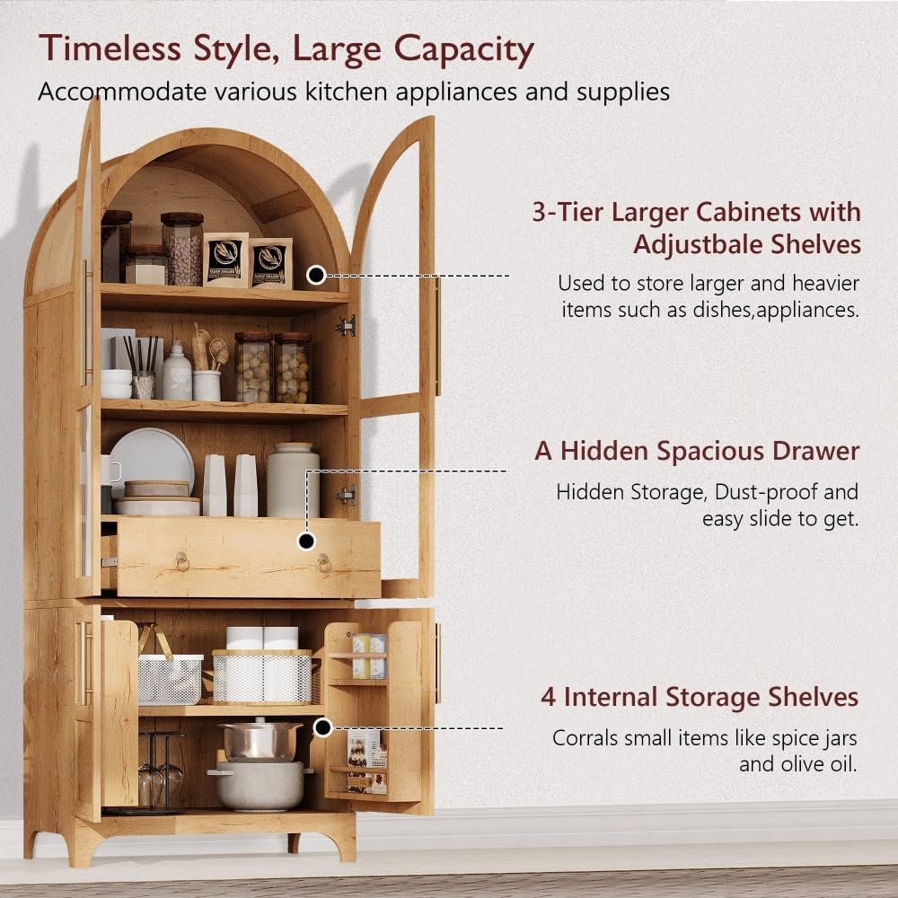 71 Inch Arched Kitchen Pantry Cabinet with Glass Doors and Hidden Drawer, Farmhouse Storage Four Door Cupboard with Internal Door Shelves, Adjustable Shelving and Anti-Tip Kit (Natural)