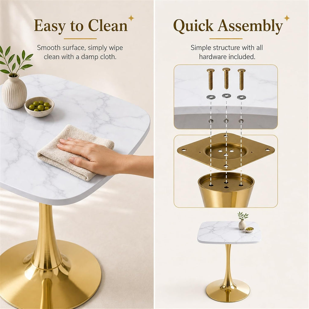 24 Inch Square White Marble-Look Tulip Dining Table for 2–4 with Gold Metal Base – Space Saving Small Apartment Kitchen Table, Pedestal Bistro Table for Breakfast Nook, Cafe, Studio Living (No Chairs)