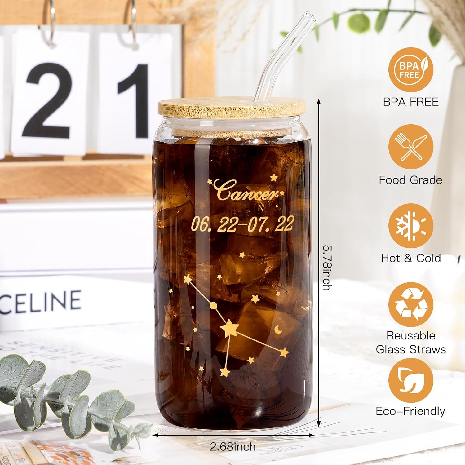 14PCS Cancer Birthday Gifts for Women, Cancer Zodiac Gifts for Women Baskets, Get Well Gifts for Best Friend Sister, Can Astrological 16 oz Glass Cups Candle with Zodiac Gift Set Box