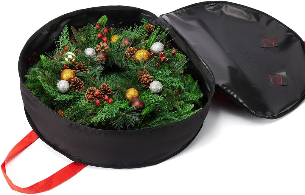 Wreath Storage Bag 24", Christmas Hanging Wreath Storage Container,Heavy-Duty Carrying Handles, Artificial Door Wreaths or Holiday Ornament Organziers,Black