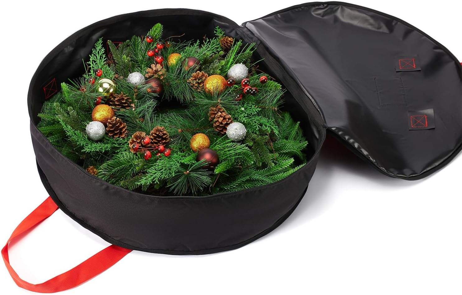 Wreath Storage Bag 24", Christmas Hanging Wreath Storage Container,Heavy-Duty Carrying Handles, Artificial Door Wreaths or Holiday Ornament Organziers,Black