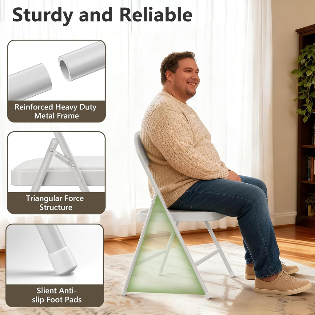 Folding Dining Chairs Set of 4 - Modern PU Leather Folding Chairs with Cushion Seat & Back Metal Legs Kitchen Chairs Folding Chair Set for Kitchen/Living Room/Bedroom/Parties (White)