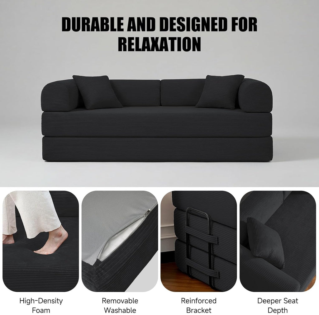 79" Compressed Sofa, Convertible Sofa Bed, Corduroy Compression Boneless Couch with Pillow, Comfy Modular Foldable Floor Sleeper Sofa for Bedroom, Living Room, Lounge, Studio (Black)