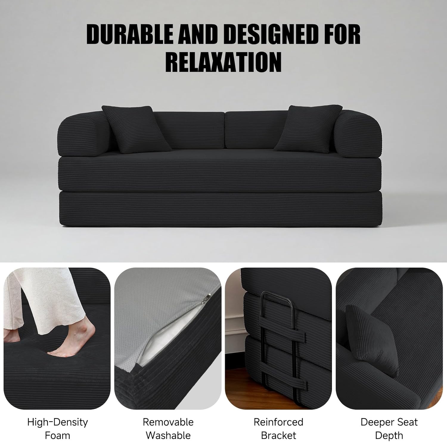 79" Compressed Sofa, Convertible Sofa Bed, Corduroy Compression Boneless Couch with Pillow, Comfy Modular Foldable Floor Sleeper Sofa for Bedroom, Living Room, Lounge, Studio (Black)