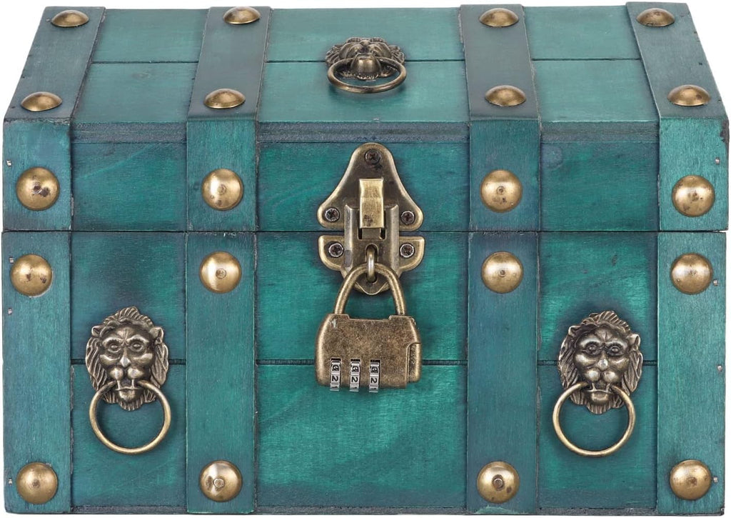 GLOGLOW Classic Chest Storage Box with Combination Lock, Multipurpose Compact Wood and Metal Storage Box for Jewelry, Small