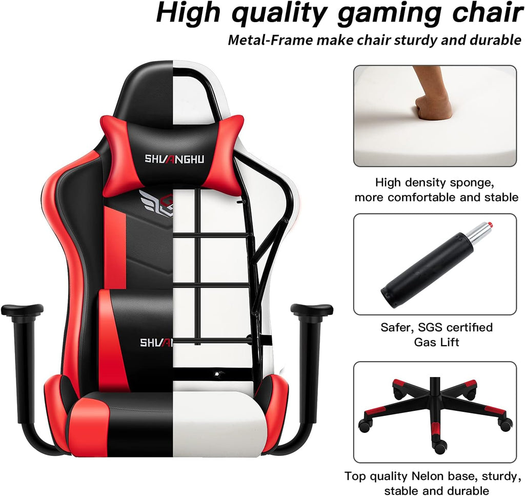 Gaming Chair Office Chair Ergonomic PC Computer Chair Reclining Racing Chair with Headrest and Lumbar Support Gaming Chair for Adults Men Women Teens Desk Chair (Black+red)
