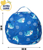 LOLOMLO Stuffed Animal Storage Bean Bag Chair Cover, Hold Kids Plush Toys Blankets Towels Beanbag (Cover Only), Canvas Floor Circle Stuff Sit Seat Sofa with YKK Zipper, Extra Large 38", Blue Shark