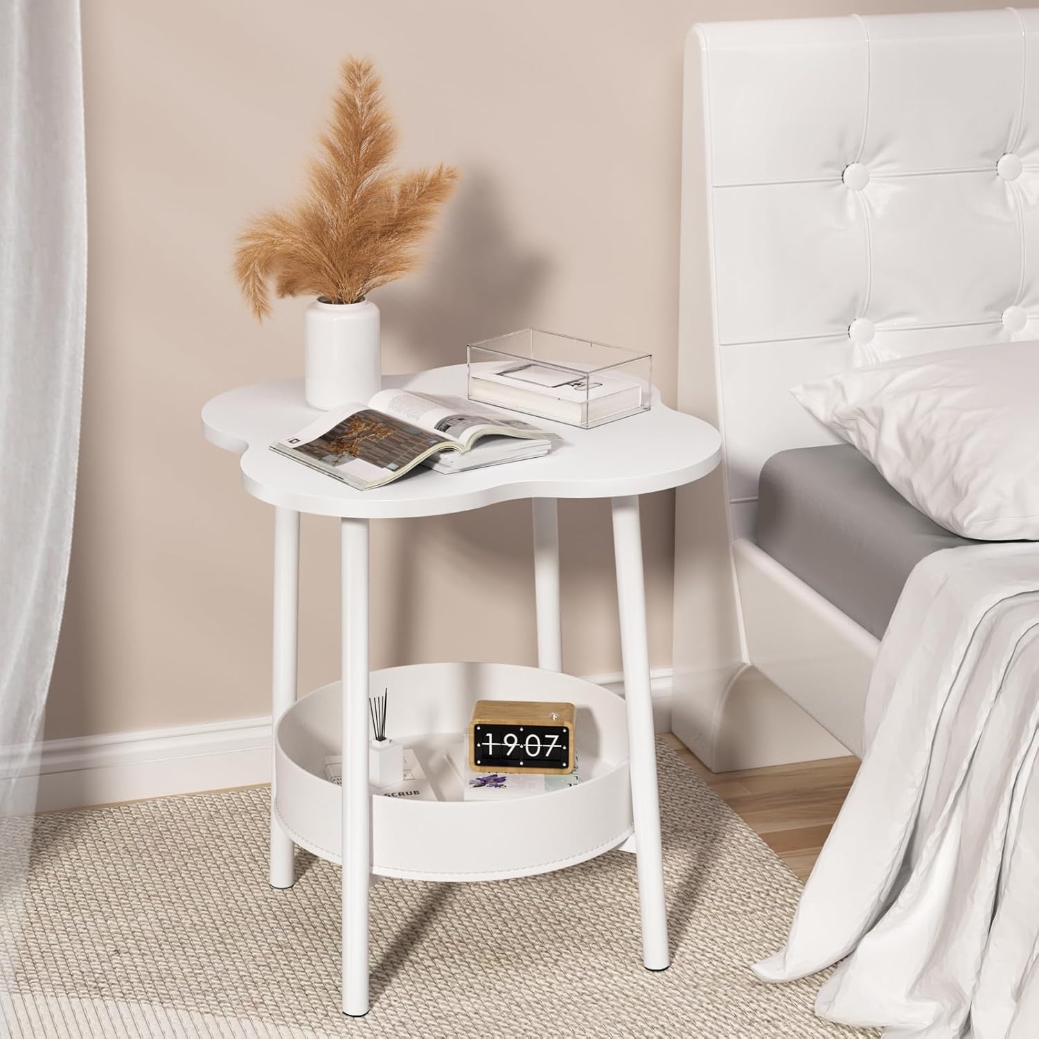 Small Coffee Table, 2 Tier Flower Shaped Desktop Accent Table, Modern Couch Bedside End Tables, Nightstand for Bedroom or Living Room, Small Spaces Display Side Tables White