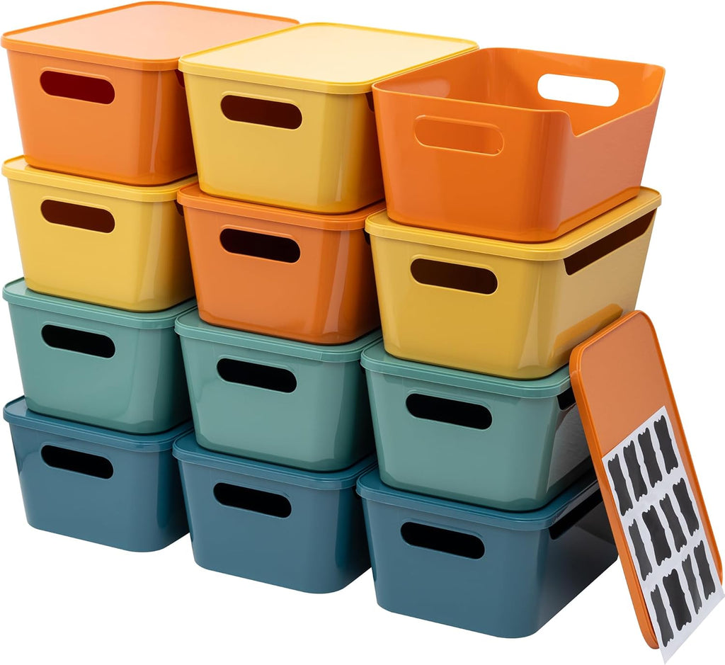 Tiawudi 12 Pack 4.5L Storage Bins with Lids, Plastic Storage Baskets for Home Classroom Organization, Multi-Use Organizer Bins for Cabinet, Pantry, Drawer, Countertop or Shelves, Colorful Containers