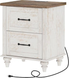 WAMPAT Nightstand Side Table with Charging Station, Antique White End Table with 2 Drawers for Living Room, Elegant Night Stand Bedside Table for Bedroom, Dorm