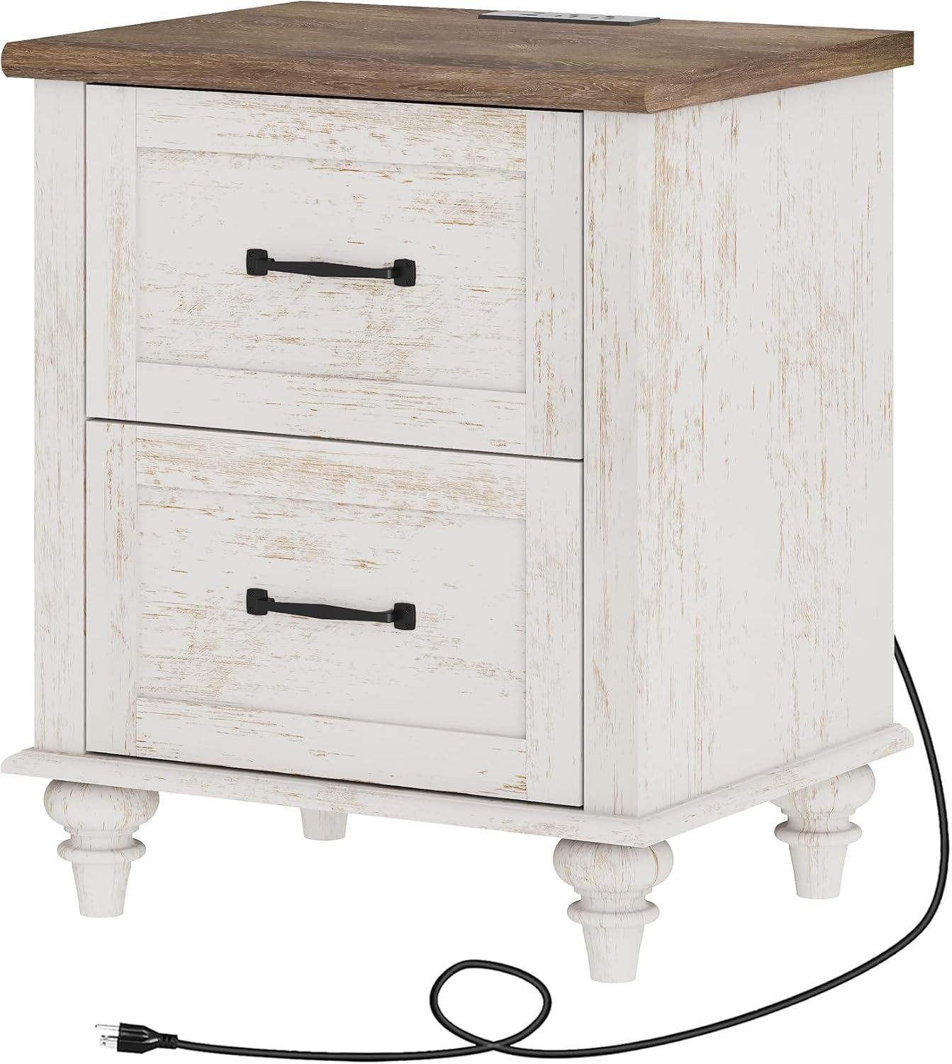 WAMPAT Nightstand Side Table with Charging Station, Antique White End Table with 2 Drawers for Living Room, Elegant Night Stand Bedside Table for Bedroom, Dorm