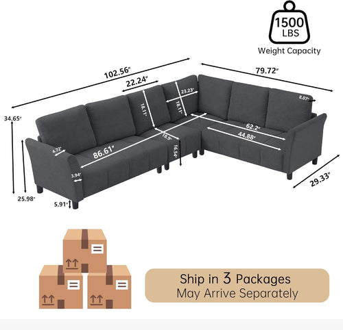 102" Convertible Sectional Sofa Couch, L Shaped Couch with Back Cushions, Modern Upholstered 6-Seat Reversible Sofa Set for Living Room, Apartment, Office, Dark Grey