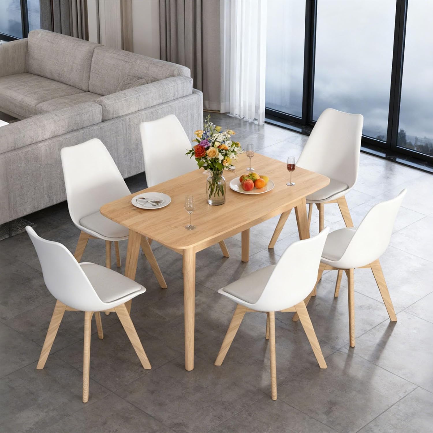 Dining Chairs Set of 4, Mid-Century Modern Kitchen Chairs with Wood Legs and Cushion, Leather Dining Chairs Set for Living Room, Kitchen, Outdoor Lounge, White 4 Pack