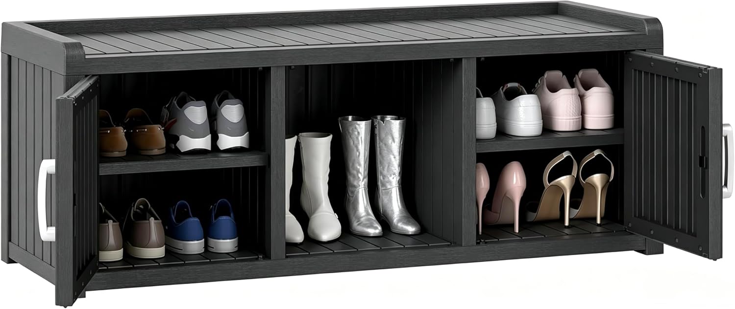 Outdoor Shoe Bench with Waterproof UV-Resistant Indoor Resin Shoe Cabinet Entryway Shoe Cabinet with 2 Doors or Entryway,Living Room,Bedroom,Black (2 Door)