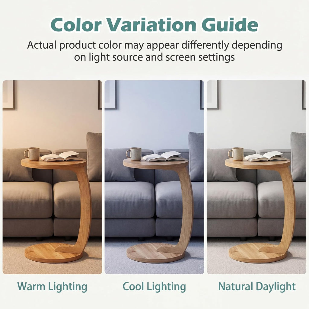 GOFLAME C-Shaped Round End Table, Solid Teak Wood Couch Sofa Side Table with 2 Tier Storage Shelves, Farmhouse TV Tray, Narrow Compact Bedside Nightstand for Living Room, Bedroom, Natural (1)