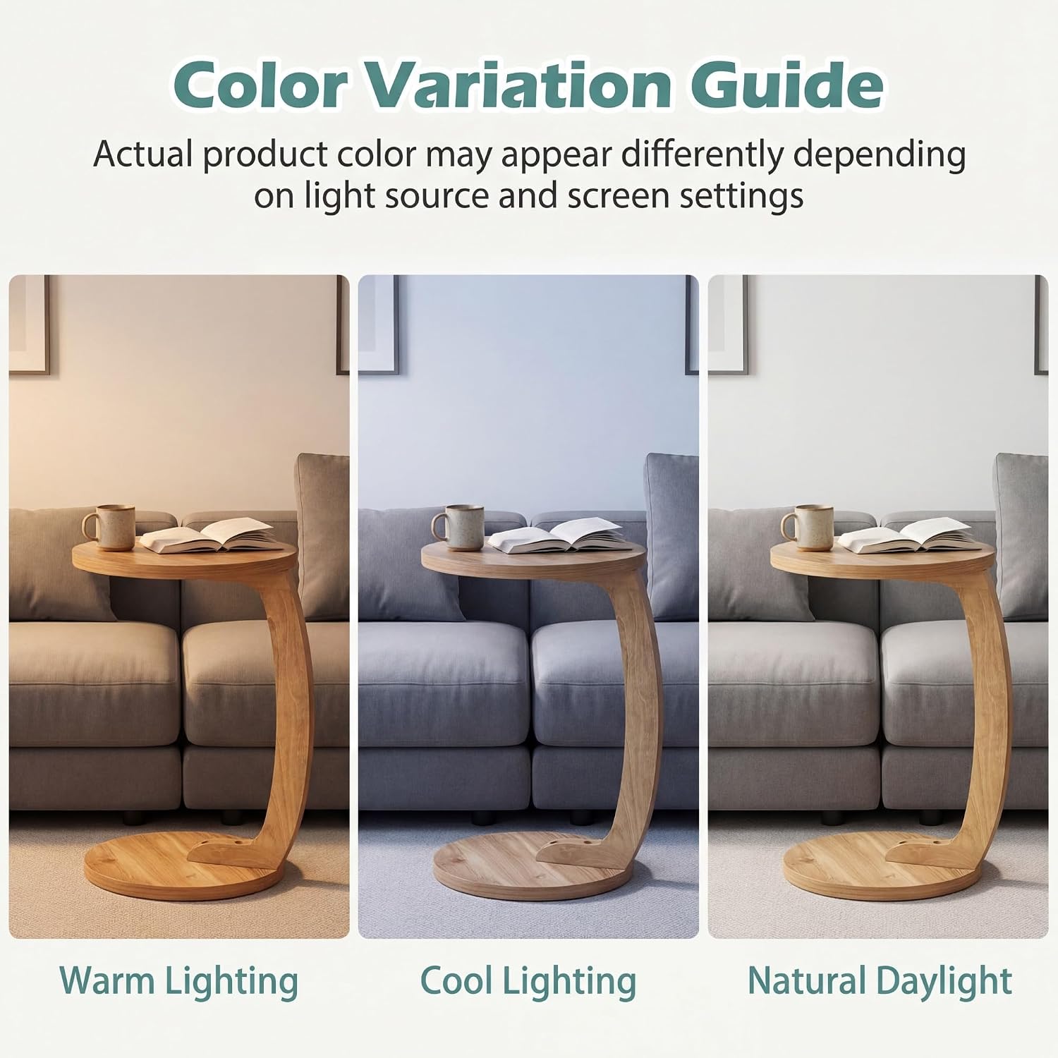 GOFLAME C-Shaped Round End Table, Solid Teak Wood Couch Sofa Side Table with 2 Tier Storage Shelves, Farmhouse TV Tray, Narrow Compact Bedside Nightstand for Living Room, Bedroom, Natural (1)