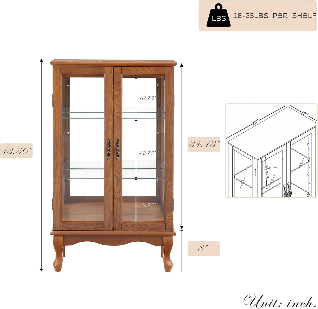 44" Small Lighted Glass Accent Curio Cabinet, Vintage China Cage with 2 Tempered Glass Doors & Adjustable Shelves, Acrylic Mirrored Pane, Elegant Wine Artwork Showcase Rack for Living Room (Dark Oak)