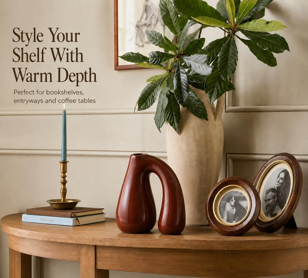 Brown Ceramic Vase for Pampas, Boho Shelf & Table Decor | Holds Dried Stems and Faux Florals - Sculptural Accent for Mantel, Console and Entryway