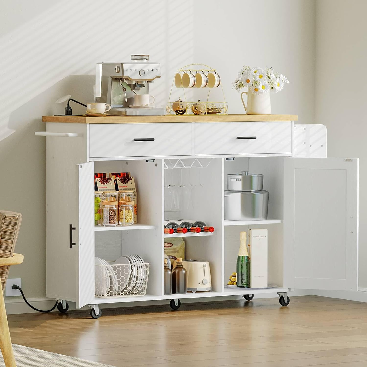 HOOBRO Kitchen Island with Power Outlet, Rolling Kitchen Island on Wheels, Island Table with Storage Cabinet, 2 Drawers, Spice Rack and Towel Rack, White and Natural WN14UZD01