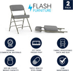 Flash Furniture Hercules Series Metal Folding Chairs with Cushioned Seats, Fabric Upholstered Event Chairs, Set of 2, Gray