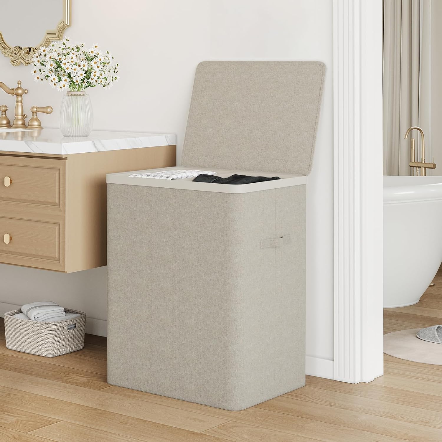 Double Laundry Hamper with Lid, 150L Laundry Basket 2 Compartments, Dirty Clothes Hamper with Handles and Removable Liners for Laundry Room, Easy Assembly, Beige