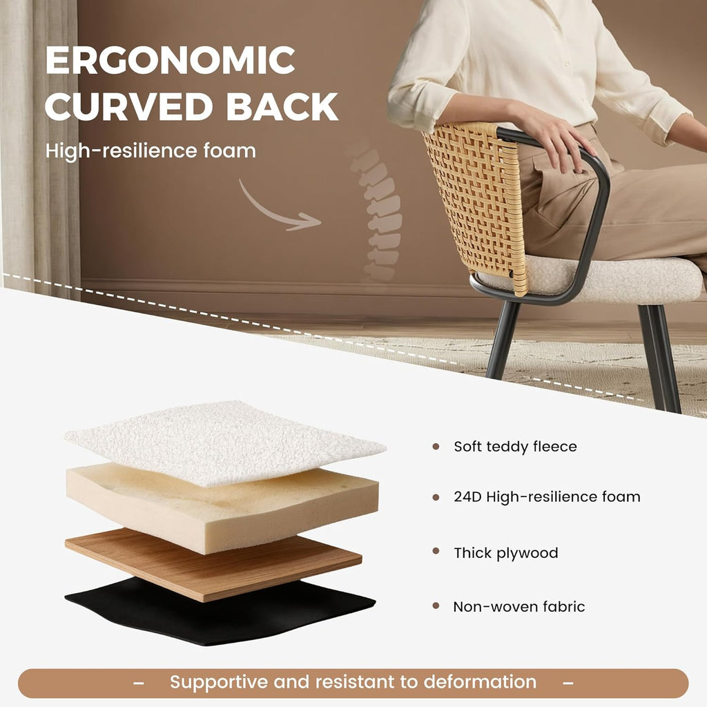 Rattan Dining Chairs Set of 4, Modern Upholstered Kitchen Chair with Metal Legs, Ergonomic Curved Backrest, Mid Century Living Room Chairs with Throw Pillow, Natural