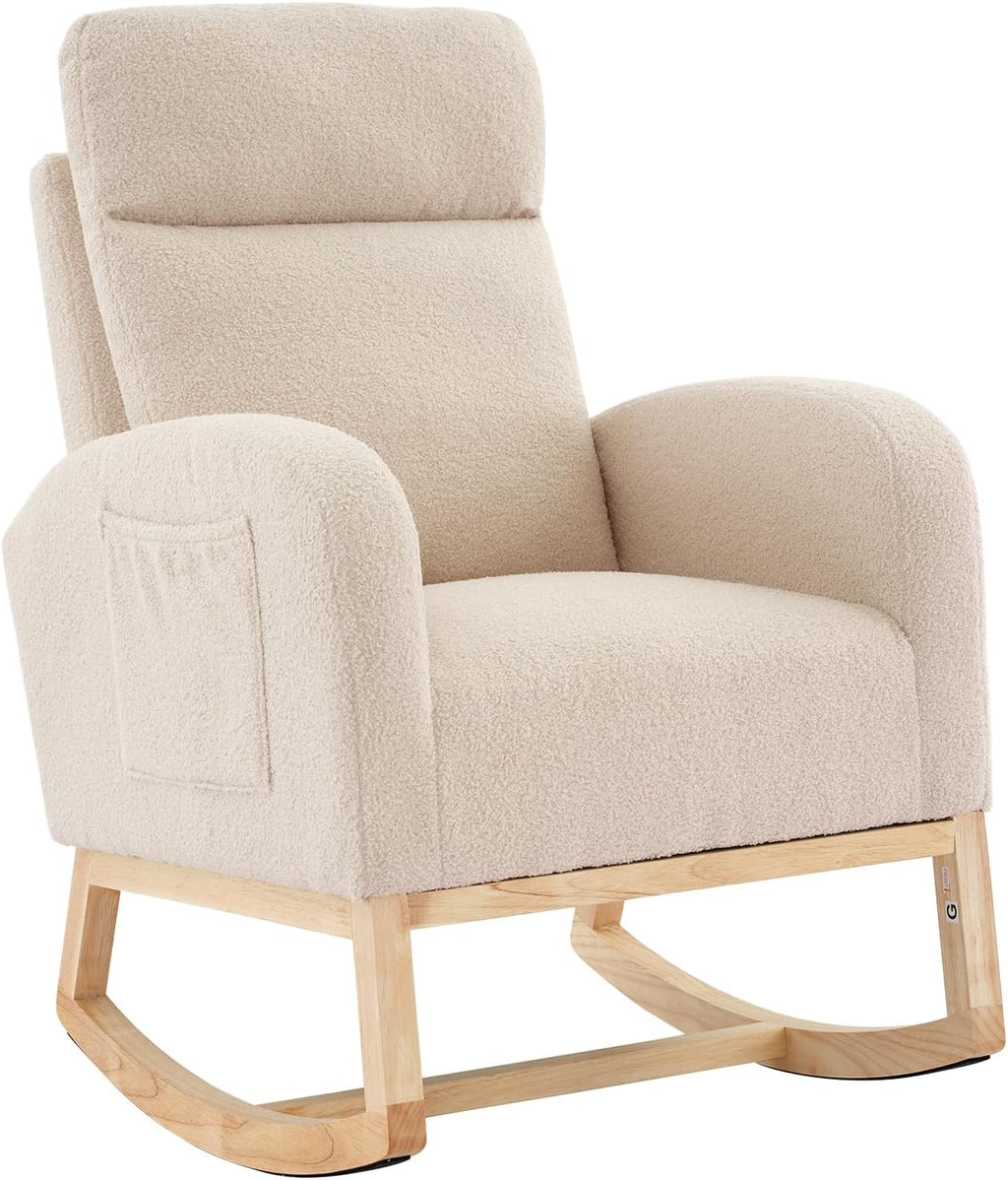 Modern Nursery Rocking Chair, Upholstered Glider Rocking Chair for Living Room, Comfortable Rocker Recliner with Side Pocket, Rocker Glider for Bedroom, Nursing Room