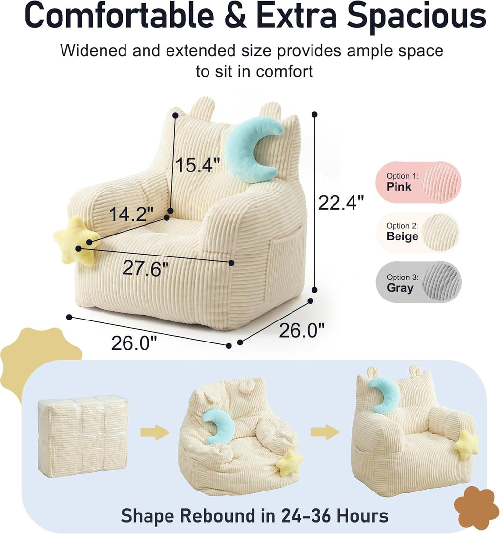 little dove Bean Bag Chairs for Kids, Comfy Bean Bag Chair with 2 Plush Toys, Toddler Chair with Pocket, Stuffed Lazy Sofa with Filler for Boys and Girls, Kids Chairs for Gaming, Reading, Beige