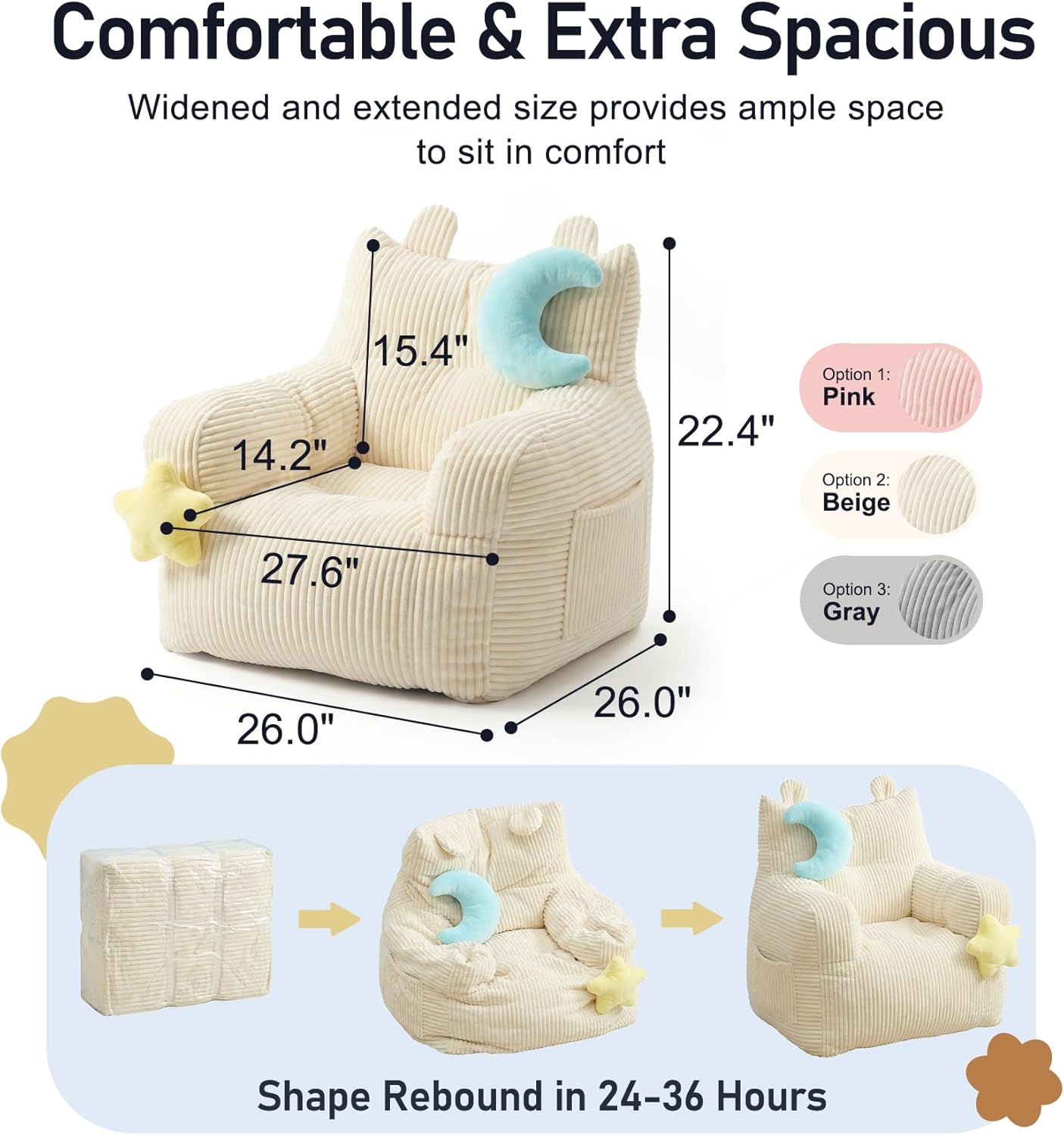 little dove Bean Bag Chairs for Kids, Comfy Bean Bag Chair with 2 Plush Toys, Toddler Chair with Pocket, Stuffed Lazy Sofa with Filler for Boys and Girls, Kids Chairs for Gaming, Reading, Beige