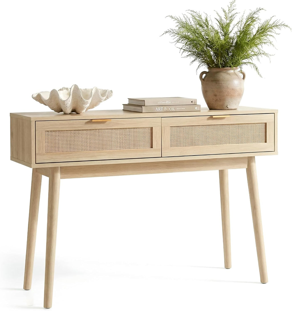 HOPUBUY Console Table Rattan Desk with Drawers Set of 2, Oak Narrow Sofa Table with Pine Leg, Modern Small Entryway Table for Hallway and Living Room, 39" Rustic Natural