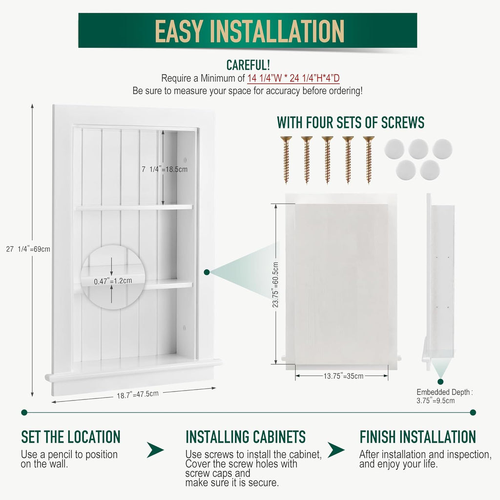 14 x 24 Medicine Cabinet Recessed, Wall Niche, Bathroom Wall Cabinet, 3-Tier, Between Studs Shelving for Drywall, White
