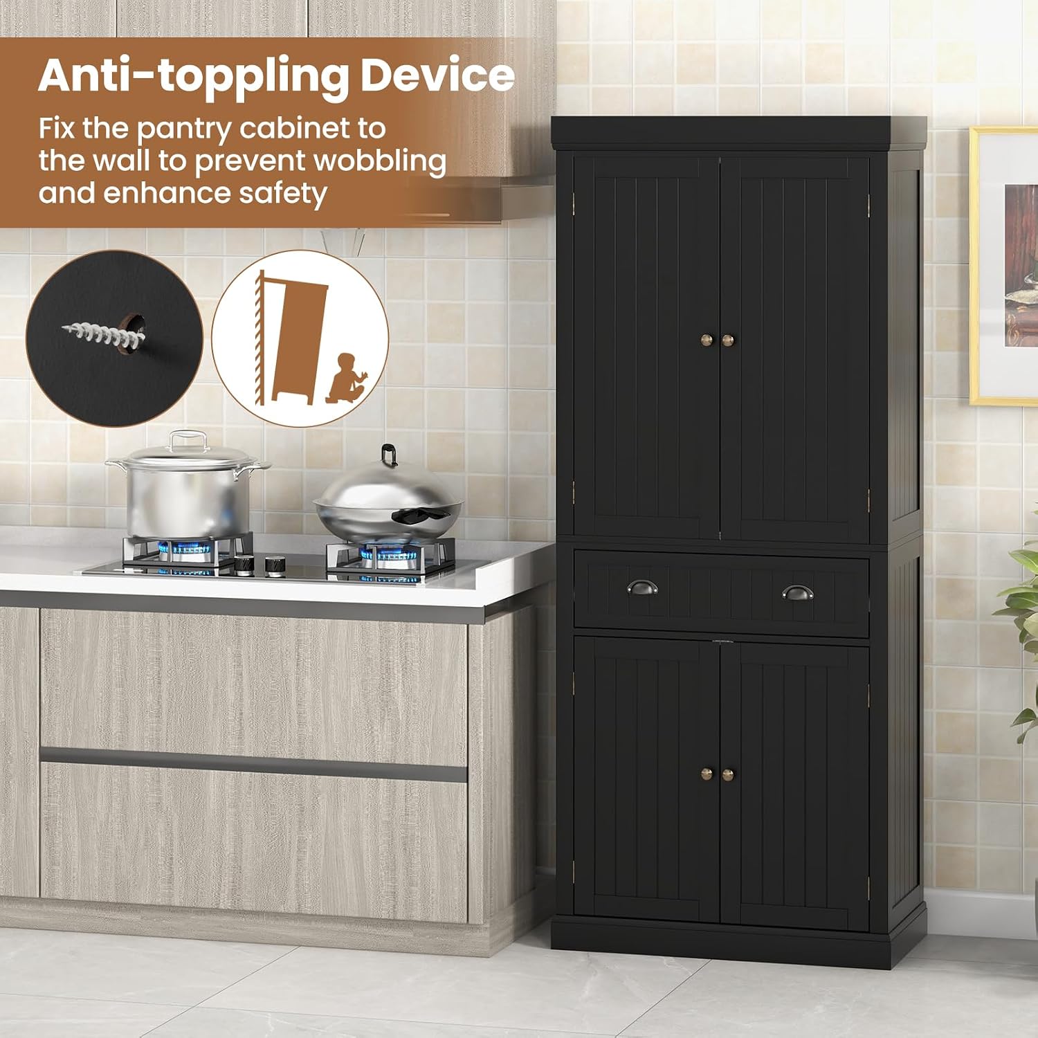 72" Kitchen Pantry Cabinet, Kitchen Cupboard with 2 Double-Doors Cabinet, Large Drawer, 4 Adjustable Shelves, Traditional Tall Storage Cabinets for Dining Room, Bathroom. Black