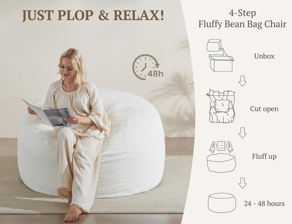 WSOFRLAC 3FT Bean Bag Chair, Comfy Bean Bag Chairs for Adults, Luxury Velvet Memory Foam Stuffed Beans Bags with Removable Cover, Adult Beanbag Chair with Filler for Living Room, Bedroom, Cream White