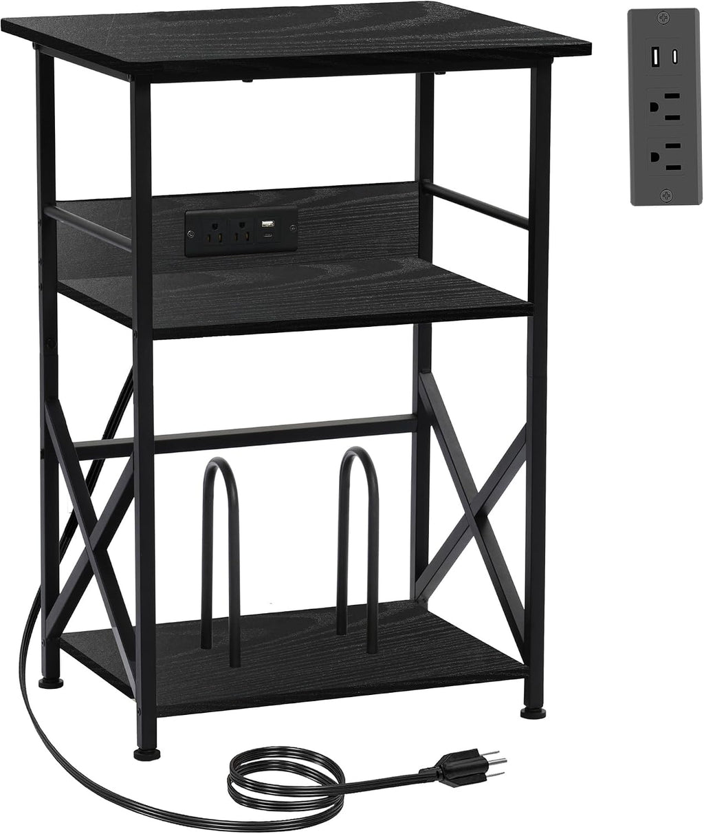 DALEMHOME Record Player Stand with Charging Station, 3-Tier Side Table for 100 Vinyl Storage, End Table for Living Room, Bedroom, Black HKET1002BK