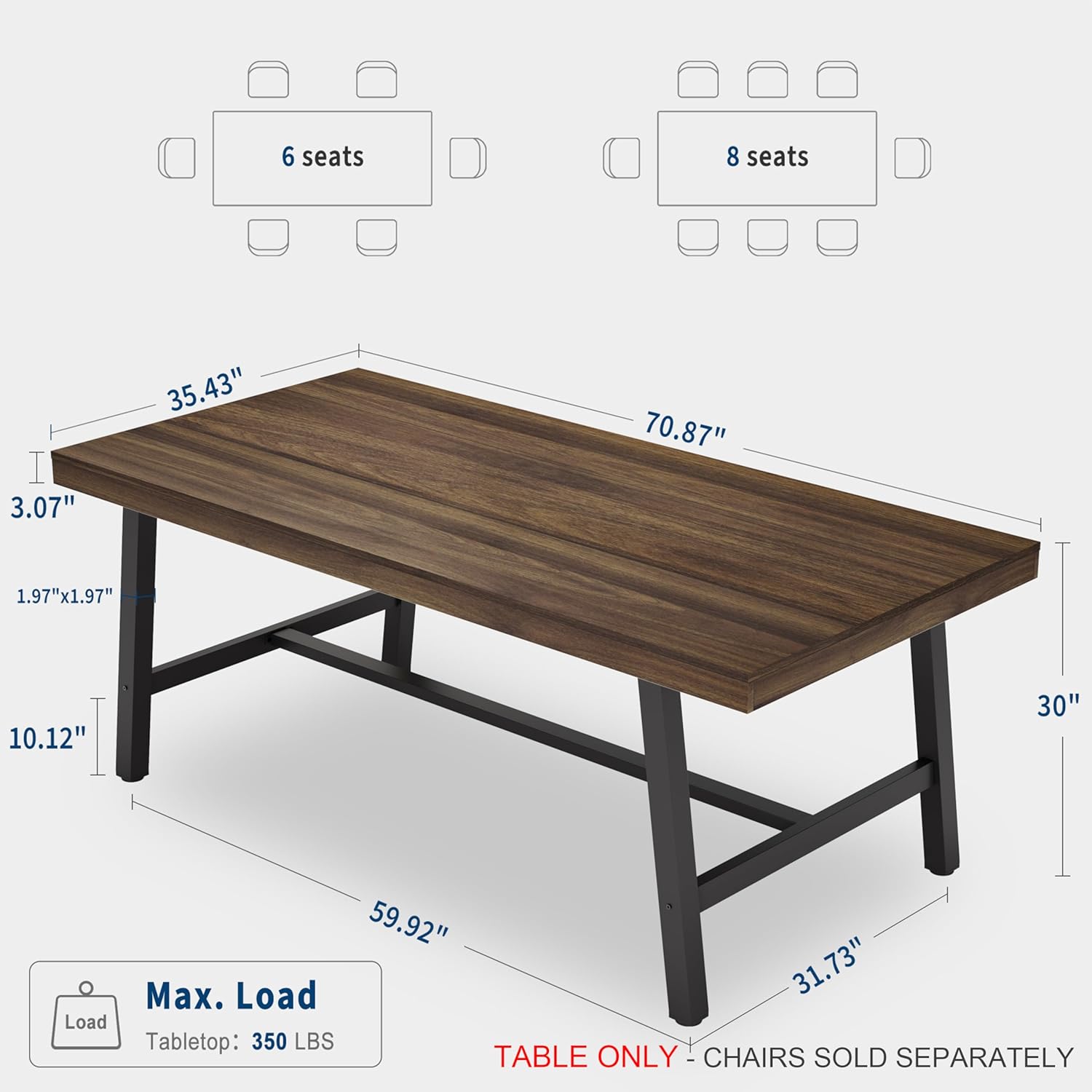 Garvee Industrial Dining Table for 6-8, 70.87" Heavy Duty Rectangular Kitchen Table with 2"×2" Metal Legs & Wood Top, Large Dining Table for Home Office, Dining Room, Brown.